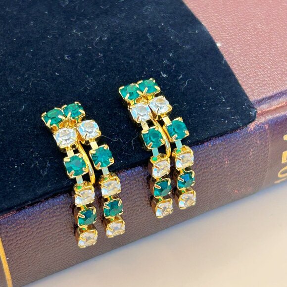 Trifari Clip-On Earrings, 1980s Green and White Rhinestones - Picture 3 of 7
